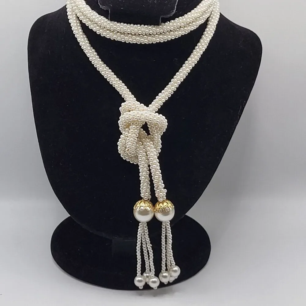 Extra Long Simulated Pearl Belt Bolo Lariat 57in